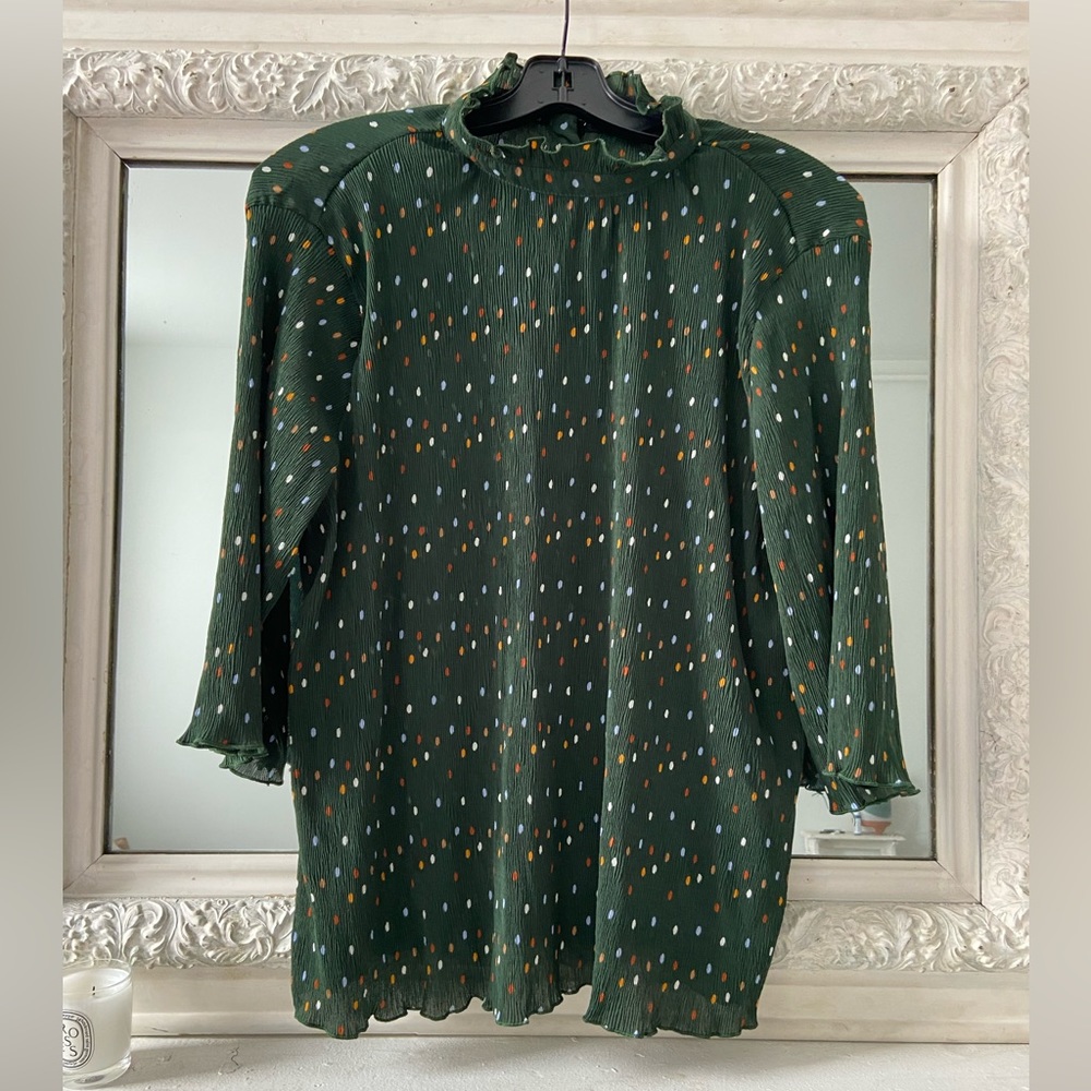 Monki green confetti (blue marigold rust white dot) with high neck + zip close M